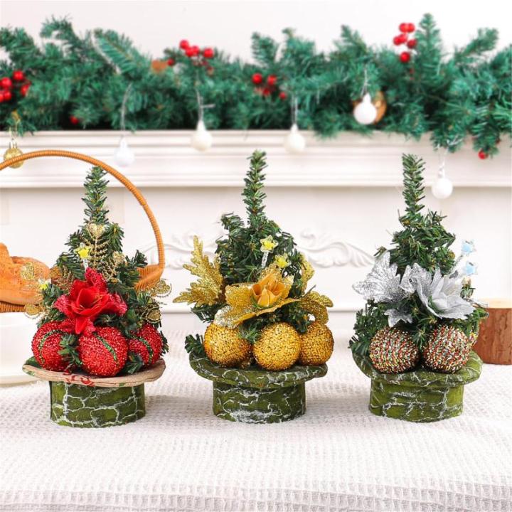 Eleganter Miniatur-Weihnachtsbaum mit goldenen Kugeln, Tannennadel, Schreibtisch-Dekoration für Büro, Urlaub, Dekoration, 5 Stück