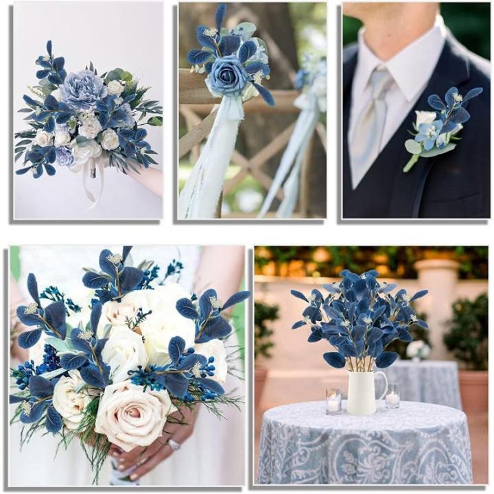 6 Stück Kunstpflanzen Eukalyptus blau künstliche Eukalyptusblätter Zweige mit Samen Silberne Dollar-Pflanzen für Zuhause Innenbereich Vase Blumenarrangement Party-Dekoration