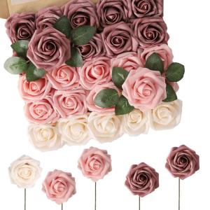 Kunstbloemen, rozen, 50 stuks, echt touch, rozen met stelen voor doe-het-zelf bruiloftsboeketten, bruidsdouche, tafelopzetstukken, bloemstukken, feesttafels, woondecoraties, gemeng