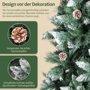 Nordmann Kunstkerstboom met sneeuweffect, kunstkerstboom met handgemaakte houten standaard, sneeuw, 28 dennenappels en 676 punten, eenvoudig te monteren