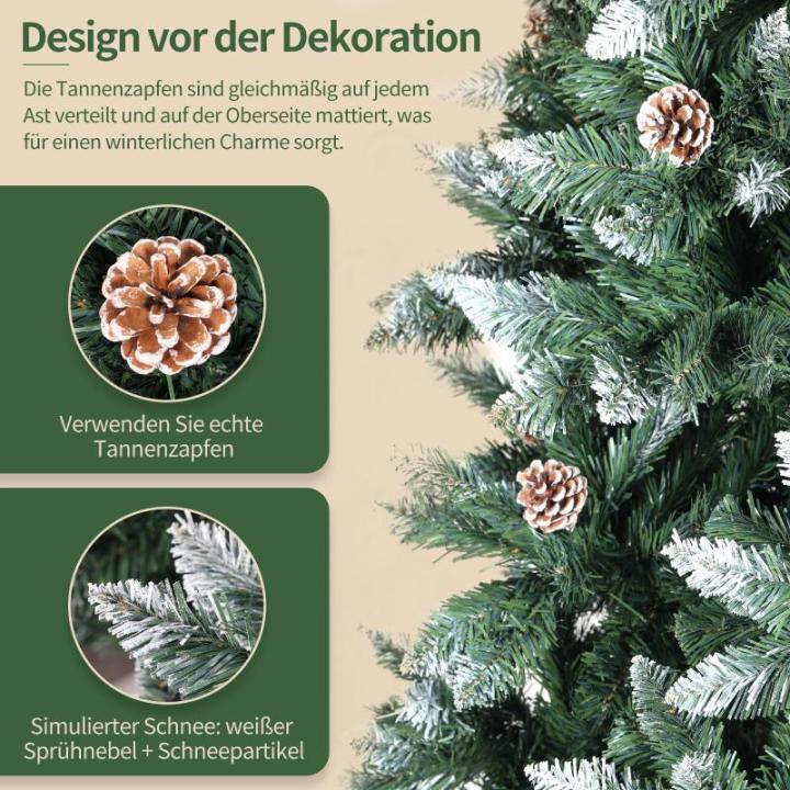 Nordmann Kunstkerstboom met sneeuweffect, kunstkerstboom met handgemaakte houten standaard, sneeuw, 39 dennenappels en 1584 punten, eenvoudig te monteren