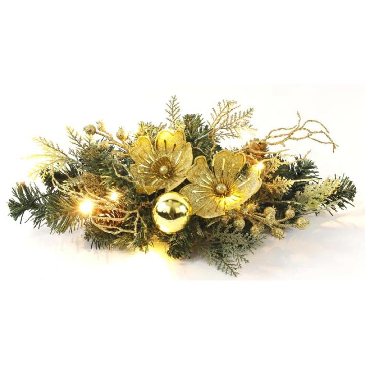 Arrangement Magnolia met ballen, dennen, bessen, LED-slinger, kerstdecoratie, kerstbloemen, kerstbloemen, lichtketting, kunstboeket, kunstbloemen, boeket, slinger, containers