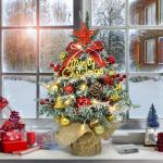Mini-kerstboom met led, 45 cm kleine kerstboom, versierd met kunstsneeuw en ornamenten, mini-dennenboom voor kerstdecoratie (rood, zilver, goud)