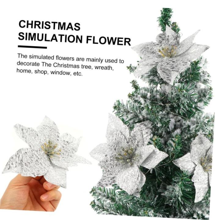 12St Doppelschicht kleine Weihnachtsblume DIY weihnachtshandwerk Christbaumschmuck Ornamente weihnachtsdeko künstliche blüten Weihnachtsbaum Party-Requisiten Plastik Silver