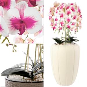 Kunstorchidee cascade bloemenboeket, crèmerosa in pot, crème, 112 cm hoog, rubberen bloemen, 5 scheuten, decoratie voor thuiskantoor