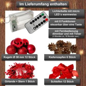Kunstkerstboom (WBD) met kerstdecoratie en led-lichtketting met afstandsbediening, kerstboom versierd met verlichting, kunstkerstboom