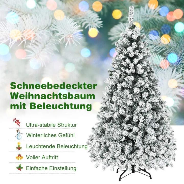 Kunstkerstboom met sneeuw en warmwitte ledverlichting, dennenboom met metalen standaard, pvc-naalden, kunstboom, klapsysteem, 180 cm