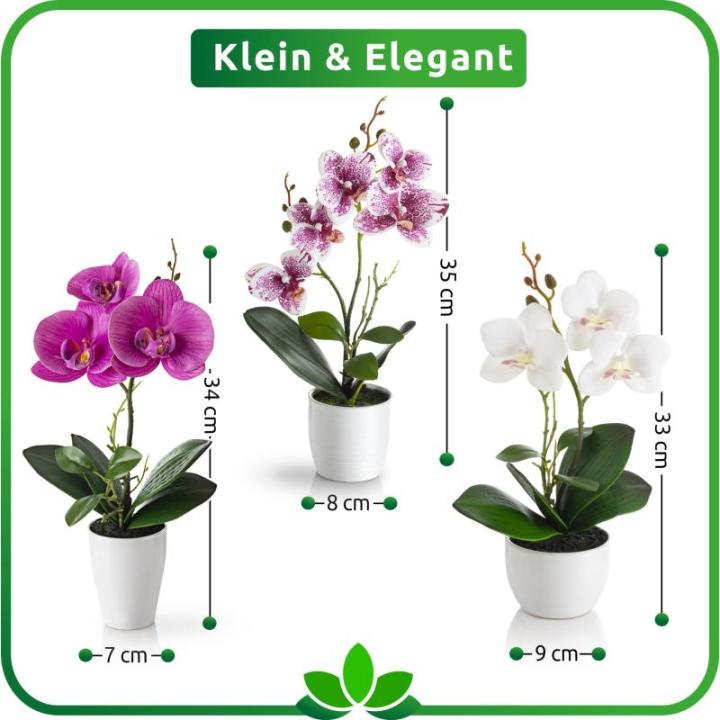 in pot (35 cm), set van 3 kunstorchideeën, kunstmatig afgestemde arrangement in hoogglans-keramische potten, decoratieve bloemen, kunstorchideeën (wit-rosé)