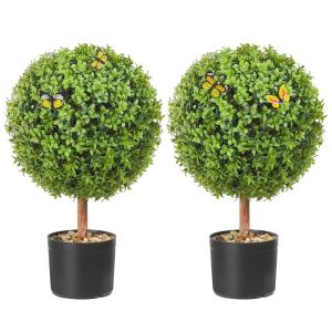2 x buxusballen, kunstzinnig, Ø 40,6 cm, tuindecoratie, buxus in bloempot, bol, kunstplant van PE, hout, PP incl. 4 stuks decoratieve vlinders en 10 stuks reservebladen