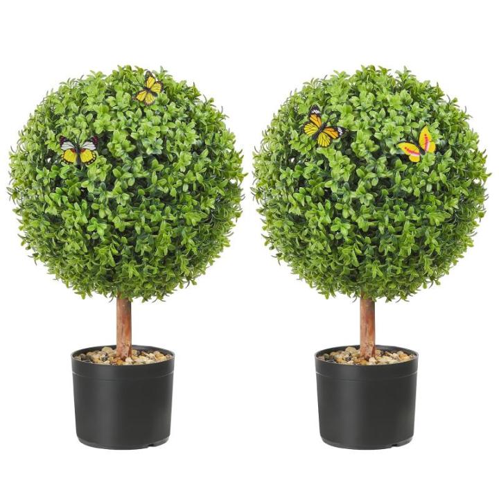 2 x buxusballen, kunstzinnig, Ø 40,6 cm, tuindecoratie, buxus in bloempot, bol, kunstplant van PE, hout, PP incl. 4 stuks decoratieve vlinders en 10 stuks reservebladen