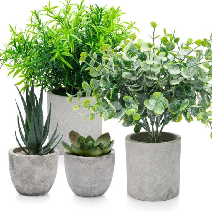 4 stuks in pot, kleine kunstplant, eucalyptus, vetplanten, rozemarijn, plastic planten zoals echt, mini-nepplanten voor badkamer, woonkamer, vensterbank, bureau, binnendecoratie
