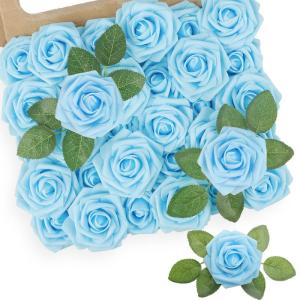 Kunstbloemen, rozen, 25 stuks, Real Touch, kunstrozen met stammen, doe-het-zelf voor bruiloft, bruidsboeketten, Valentijnsdag, Moederdag, babyshower, woondecoratie (lichtblauw)