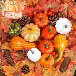 Herfstdecoratie, 88 stuks pompoen herfstdecoratieset, Thanksgiving decoratieset kunstmatige esdoornbladeren, kleine eikels, dennenappels en pompoen, mini-kunstpompoenen, herfstdeco