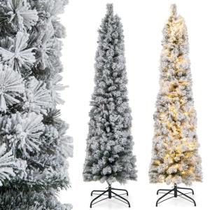 Kunstkerstboom, in potlood-vorm, 180 cm, met sneeuw en verlichting, 150 leds in warm wit, smalle kerstboom met metalen standaard, kunstboom voor Kerstmis van pvc, wit