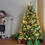Kunstkerstboom met verlichting, 150 cm, 8 modi, dennenboom, groen, pvc, kerstboom voor kerstdecoratie, met dennenappels, dennennaald en dennennaald, klapsysteem, opvouwbare standaa