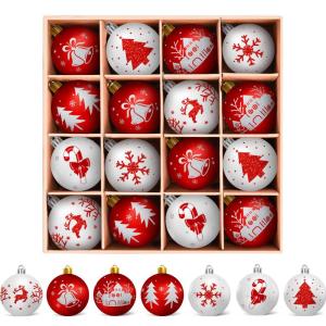 , kunststof kerstboomversiering, 16 stuks, kerstboomversiering, decoratie, Kerstmis, rood-wit, kerstdecoratie, kerstboomballen met sleutelkoord
