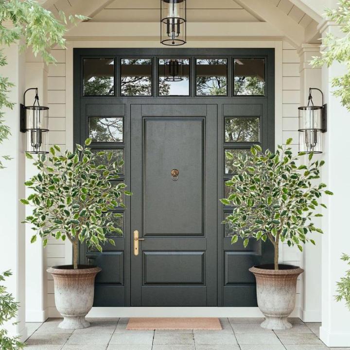 Benjamini Ficus, , grote kunstboom, kamerplant, decoratie met afneembare echte houten stam, voor kantoor, decoratie, slaapkamer, eetkamer, binnen, buiten, groen/wit, 120 cm