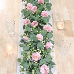 Künstliche Eukalyptus-Blumengirlande mit rosa Rosen, künstliche Pflanzen, Seide, Blumen, grüne Girlande, Kunstschleierkraut, Efeu-Ranken für Hochzeit, Dekoration, Zuhause, Weih
