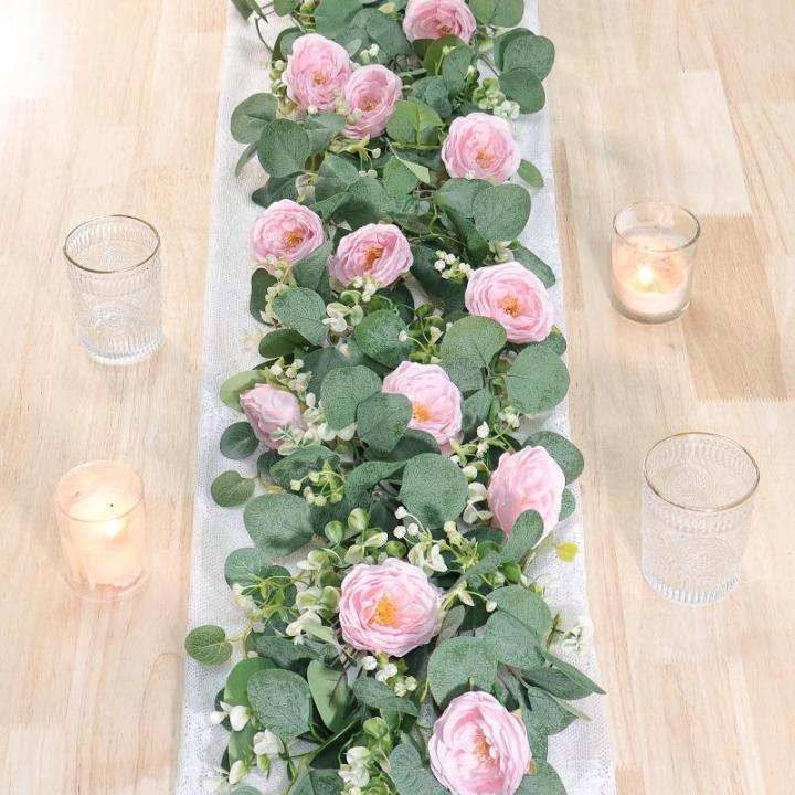 Künstliche Eukalyptus-Blumengirlande mit rosa Rosen, künstliche Pflanzen, Seide, Blumen, grüne Girlande, Kunstschleierkraut, Efeu-Ranken für Hochzeit, Dekoration, Zuhause, Weih