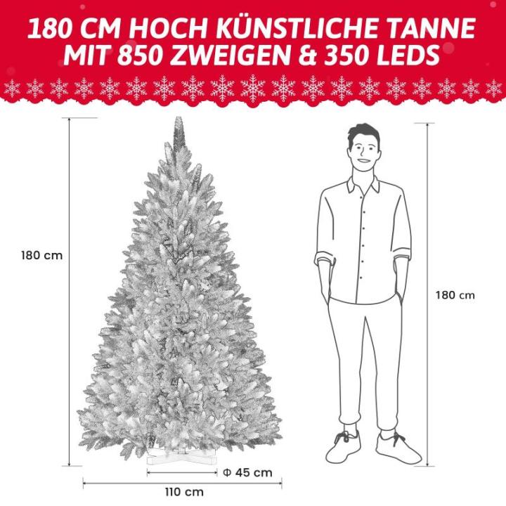 Wija Kerstboom met verlichting, kunstkerstboom met lichtketting, 350 warm wit, ledlicht, kunstsneeuwcoating, 850 takken en houten standaard, van PE-spuitgietwerk en pvc (H180)