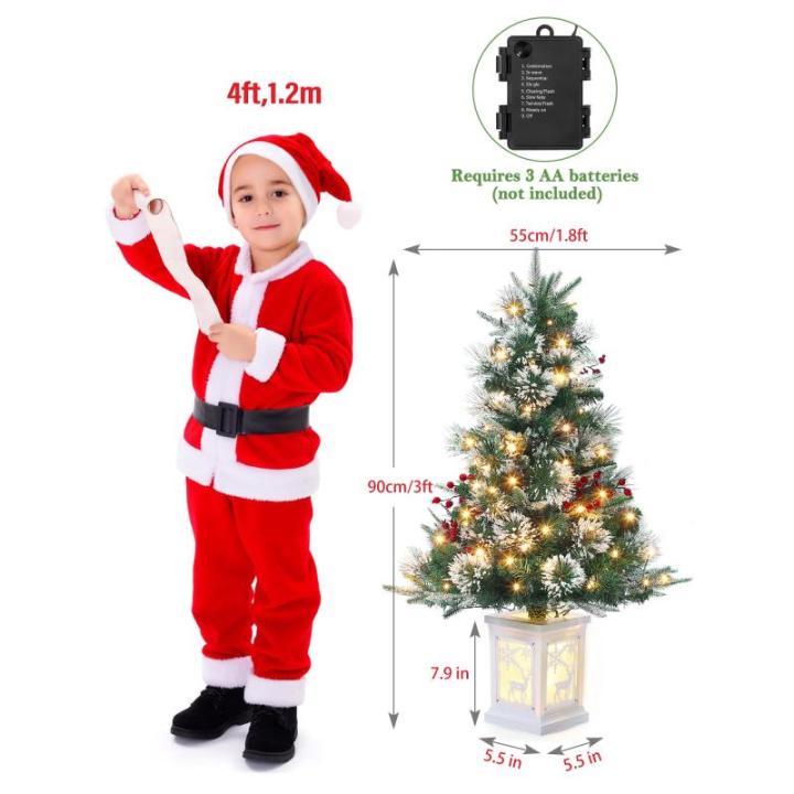 Kunstkerstboom, 90 cm, met 78 verlichting, sneeuwvlokken, op batterijen, pre-lit premium met rode bessen, kerstdecoratie voor thuis, kantoor, witte basis