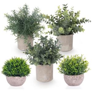 Set van 5 mini- in pot, nep, kleine eucalyptus, rozemarijn, groen, kunststof, kunstgroen, grasplanten, decoratieve nepplant voor huis, kantoor, balkon, bureau, badkamerdecoratie