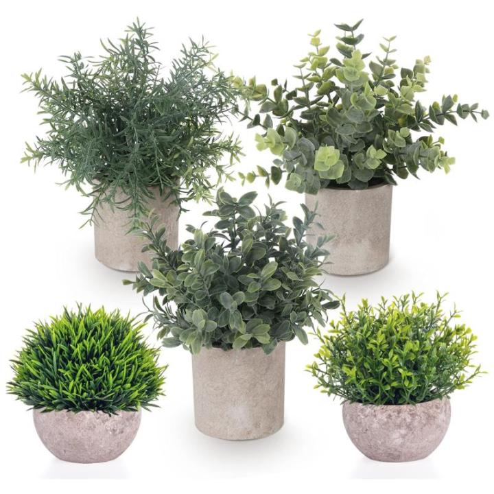 Set van 5 mini- in pot, nep, kleine eucalyptus, rozemarijn, groen, kunststof, kunstgroen, grasplanten, decoratieve nepplant voor huis, kantoor, balkon, bureau, badkamerdecoratie