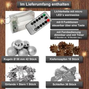 Kunstkerstboom (WBD) met kerstdecoratie en led-lichtketting met afstandsbediening, kerstboom versierd met verlichting, kunstkerstboom