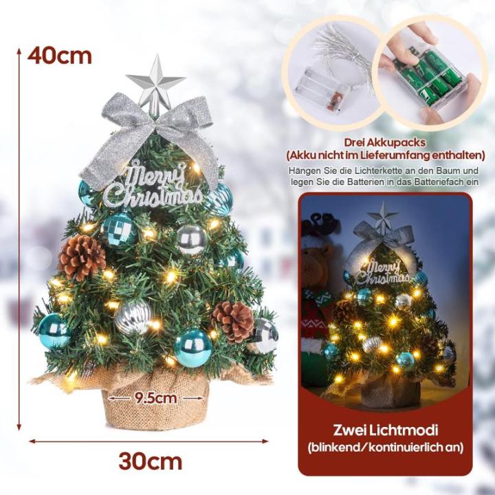 Mini-kerstboom Kleine kerstboom met verlichting, led, tafelkerstboom, klein, kunstmatig versierd, voor kerstdecoratie, 40 cm (blauw met zilver)