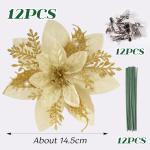 12 stuks glitter kerstster bloemen kerstbloemen met 12 stuks kunststof wortelstokken 12 stuks clips kunstglitter kerstboom bloemen voor kerstboom Nieuwjaar decoraties 14,5 cm