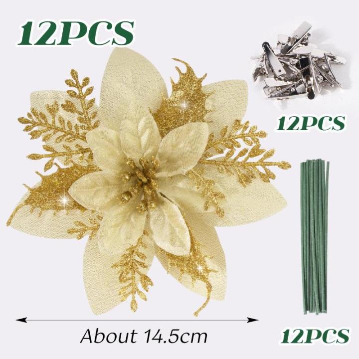 12 stuks glitter kerstster bloemen kerstbloemen met 12 stuks kunststof wortelstokken 12 stuks clips kunstglitter kerstboom bloemen voor kerstboom Nieuwjaar decoraties 14,5 cm