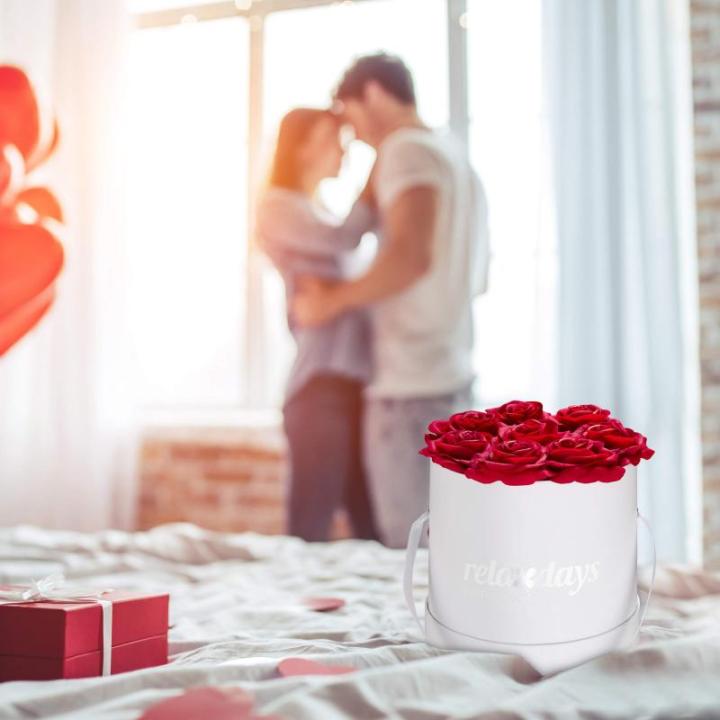 Rozenbox rond, 8 rozen, stabiele bloemenbox, wit, 10 jaar houdbaar, cadeau-idee, decoratieve bloemenbox, rood, 17 x 17 x 17 cm