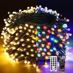 Kerstverlichting kerstboom 20 m 200 LED kerstverlichting buiten/ op stroom, warmwit en kleurrijk lichtsnoer, 11 modi, timer en geheugenfunctie, groene kabel, kerstdecoratie
