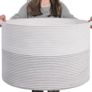 XXL grote wasmand, opbergmand, wasmand voor kinderen, opbergmand voor speelgoed, katoenen touw, mand met handvat voor dekens en kussens, 55 x 35 cm, wit met