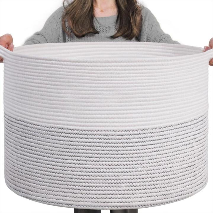 XXL grote wasmand, opbergmand, wasmand voor kinderen, opbergmand voor speelgoed, katoenen touw, mand met handvat voor dekens en kussens, 55 x 35 cm, wit met