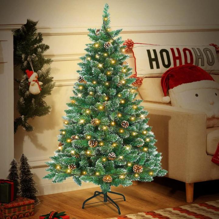 Kunstkerstboom, 120 cm, pvc-kunstboom met 120 leds, standaard en dennenappels, dennenboom, decoratieve kerstboom met sneeuweffect, kunstkerstboom voor binnen en buiten