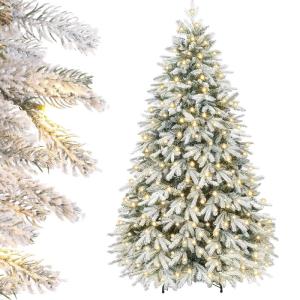 Kunstkerstboom met verlichting, witte sneeuwvlokken, led-dennenboom voor kerstdecoratie, van PE en pvc, 210 cm