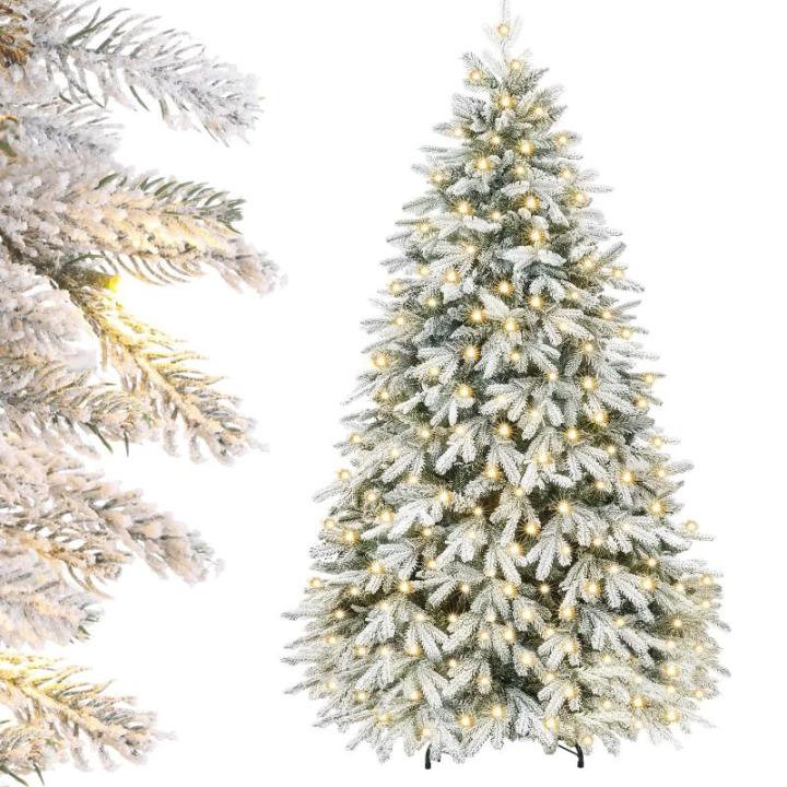 Kunstkerstboom met verlichting, witte sneeuwvlokken, led-dennenboom voor kerstdecoratie, van PE en pvc, 210 cm