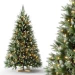 Kunstkerstboom met sneeuweffect, dennenappels, verlichting, 180 cm, automatische dennenboom, kunstkerstboom van pvc en PE, met houten standaard, Nordmann-spar, moeilijk ontvlambare