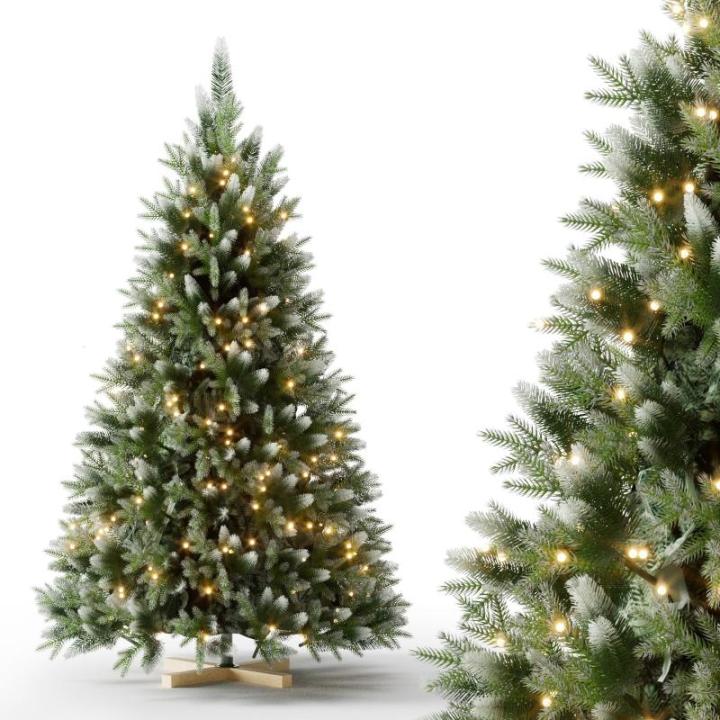 Kunstkerstboom met sneeuweffect, dennenappels, verlichting, 180 cm, automatische dennenboom, kunstkerstboom van pvc en PE, met houten standaard, Nordmann-spar, moeilijk ontvlambare