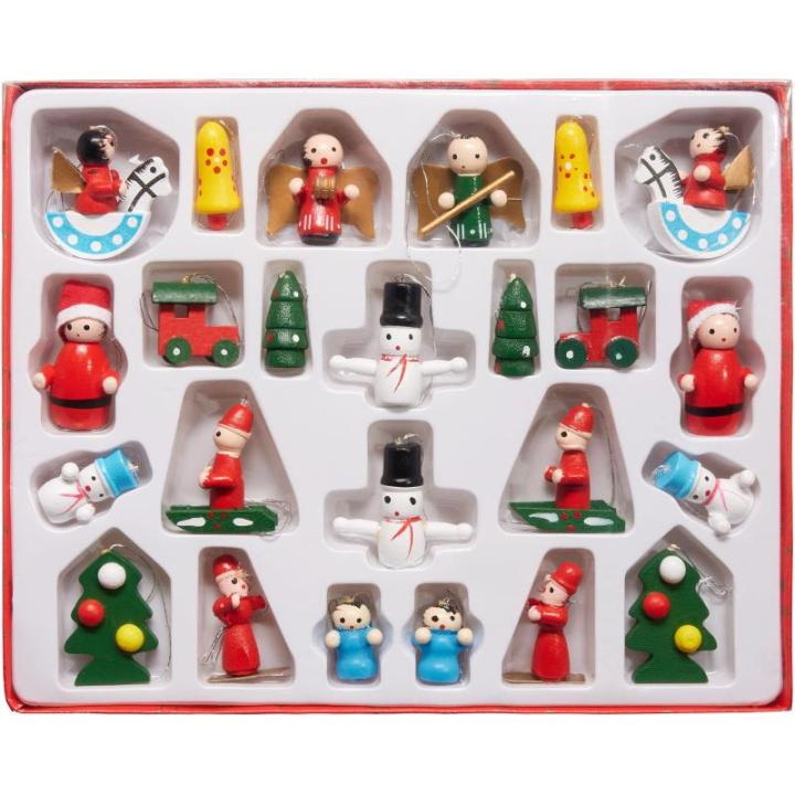 24 Stuks Houten Kerstboomdecoraties - tot 4 cm Hoge Figuren - Kerstmis Houten et Handbeschilderd - Traditionele Boom Kerstboomdecoraties - Dennenbomen - Kerstman - Engelen