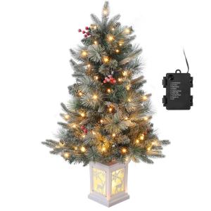 Kunstkerstboom met 78 warmwitte leds, 90 cm, werkt op batterijen, met 8 verlichtingsmodi, kerstboom met dichte takken, dennenboom met rode bessen