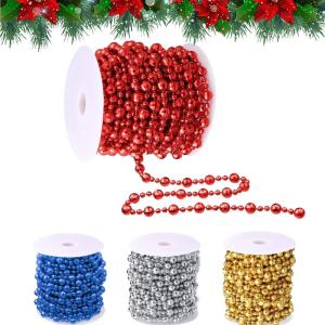 15M Kerstboom kralen guirlande Kerstboom ornamenten kralen lint | Kraaldiameter 8mm & 4mm | Kerstboomketting decoratie (rood)