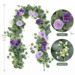 Künstliche Eukalyptus-Blumengirlande mit violetten Rosen, Seidenblumen, Grün, Girlande, Kunstschleierkraut, Efeu-Ranken für Hochzeit, Zuhause, Weihnachten, Party, Tischläufer, 