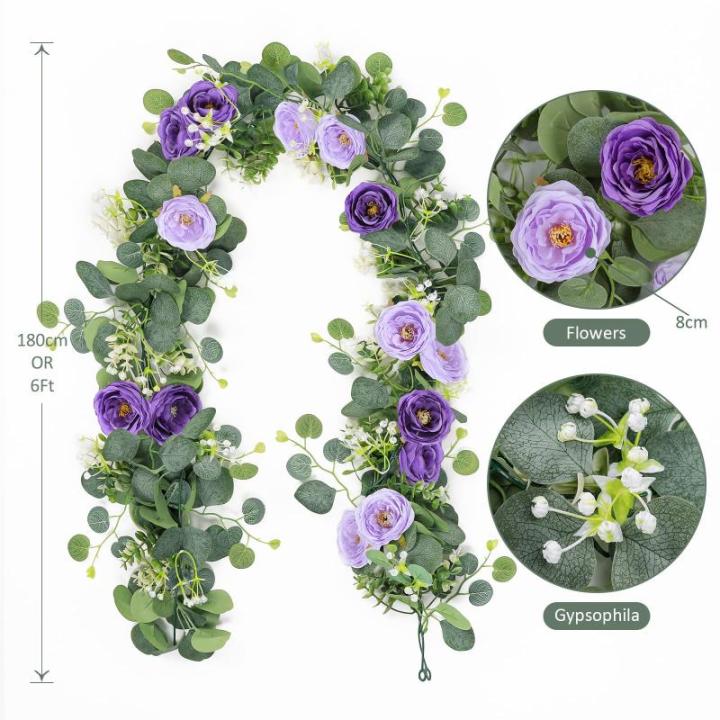 Künstliche Eukalyptus-Blumengirlande mit violetten Rosen, Seidenblumen, Grün, Girlande, Kunstschleierkraut, Efeu-Ranken für Hochzeit, Zuhause, Weihnachten, Party, Tischläufer, 