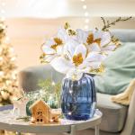 Künstliche Weihnachtssterne mit Glitzer, Samt, Magnolie, Blume, künstliche Weihnachtssterne, dekorative Blume für Weihnachtsbaumdekoration (weiß, gold), 16 Stück
