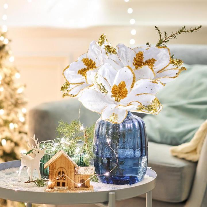 Künstliche Weihnachtssterne mit Glitzer, Samt, Magnolie, Blume, künstliche Weihnachtssterne, dekorative Blume für Weihnachtsbaumdekoration (weiß, gold), 16 Stück