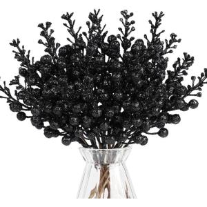 24 stuks kunstbessen, kerstdecoraties, 24 stuks, 24 cm, kunstglitter, bessen, stengels, takken, ornamenten, kunstmatige hulstbessen voor het maken van krans, kerstboomdecoratie, zw
