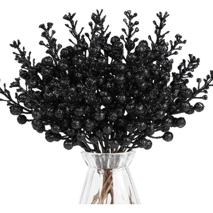 24 stuks kunstbessen, kerstdecoraties, 24 stuks, 24 cm, kunstglitter, bessen, stengels, takken, ornamenten, kunstmatige hulstbessen voor het maken van krans, kerstboomdecoratie, zw