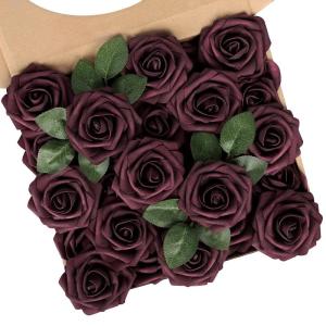 Kunstbloemen, rozen, 25 stuks, decoratieve kunstrozen met steel, doe-het-zelf bruiloft, bruidsfeest, feesttafels, boeketten, bruid, woondecoratie, bordeauxrood